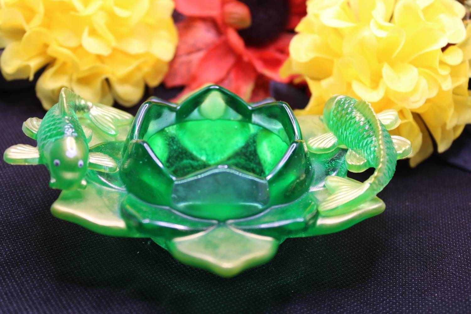 Emerald Green Lotus and Dusted Gold Koi Candle Holder.